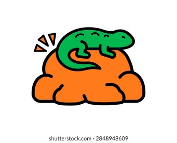 Flat icon of a green lizard basking on a warm orange rock with rising heat lines