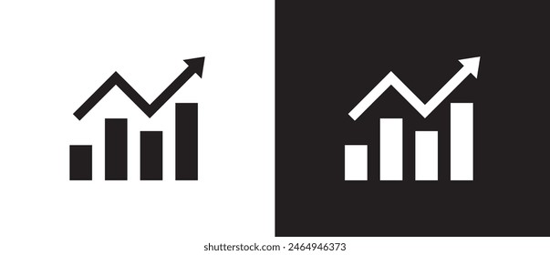 Flaches Symbol der wachsenden Balken Grafik mit steigendem Pfeil, Geschäftsdiagramm. Der finanzielle Aufstieg. Gewinne steigern. Grafisches Wirtschaftswachstum steigt weiter. Diagrammsymbol im schwarzweißen Hintergrund. EPS10