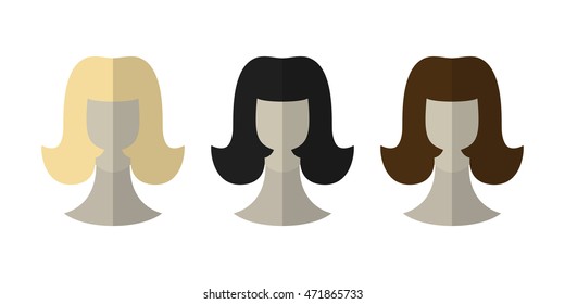 Flat icon hairstyles. Blonde, brunette. Different color hair wigs.