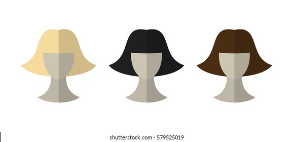 Flat icon hairstyles. Blonde, brunette. Different color hair wigs.