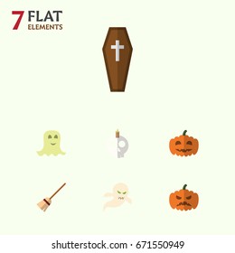 Flat Icon Halloween Set Of Broom, Gourd, Ghost And Other Vector Objects. Also Includes Spirit, Halloween, Gourd Elements.