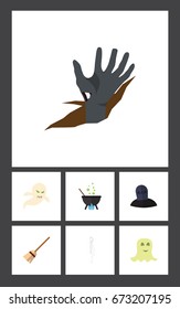 Flat Icon Halloween Set Of Broom, Ghost, Zombie And Other Vector Objects. Also Includes Zombie, Skeleton, Corpse Elements.