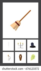 Flat Icon Halloween Set Of Candlestick, Skeleton, Cranium Vector Objects. Also Includes Bones, Skull, Tomb Elements.
