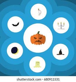 Flat Icon Halloween Set Of Candlestick, Superstition, Witch Cap Vector Objects. Also Includes Witch, Spirit, Cranium Elements.