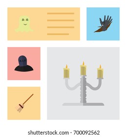 Flat Icon Halloween Set Of Candlestick, Spirit, Broom Vector Objects. Also Includes Tomb, Grave, Candelabrum Elements.