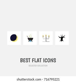 Flat Icon Halloween Set Of Candlestick, Magic, Crescent Vector Objects. Also Includes Candlestick, Tree, Midnight Elements.