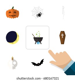 Flat Icon Halloween Set Of Casket, Crescent, Magic And Other Vector Objects. Also Includes Pumpkin, Moon, Gourd Elements.