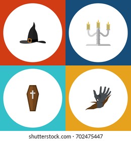 Flat Icon Halloween Set Of Casket, Zombie, Candlestick Vector Objects. Also Includes Wizard, Hat, Casket Elements.