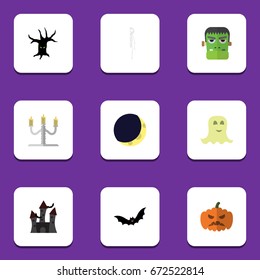 Flat Icon Halloween Set Of Crescent, Pumpkin, Candlestick Vector Objects. Also Includes Bat, Superstition, Castle Elements.