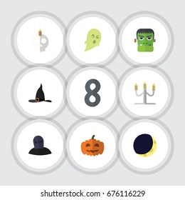 Flat Icon Halloween Set Of Crescent, Phantom, Gourd And Other Vector Objects. Also Includes Candle, Moon, Phantom Elements.