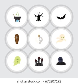 Flat Icon Halloween Set Of Fortress, Magic, Casket And Other Vector Objects. Also Includes Bat, Tree, Monster Elements.