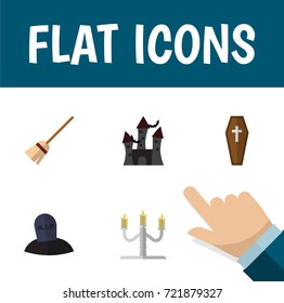 Flat Icon Halloween Set Of Fortress, Broom, Tomb And Other Vector Objects. Also Includes Dead, Candlestick, Rip Elements.