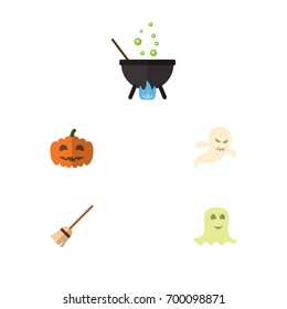 Flat Icon Halloween Set Of Gourd, Magic, Spirit And Other Vector Objects. Also Includes Pumpkin, Spirit, Ghost Elements.