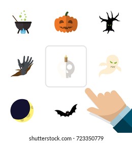 Flat Icon Halloween Set Of Magic, Zombie, Crescent And Other Vector Objects. Also Includes Specter, Bat, Midnight Elements.