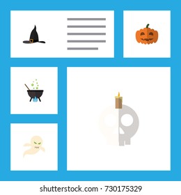 Flat Icon Halloween Set Of Magic, Cranium, Witch Cap And Other Vector Objects. Also Includes Cauldron, Pumpkin, Magic Elements.