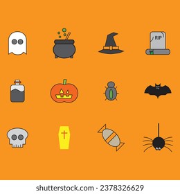 Flat icon Halloween set solated on orange background. Vector illustration.