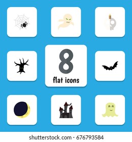 Flat Icon Halloween Set Of Spider, Crescent, Terrible Halloween And Other Vector Objects. Also Includes Ghost, Cobweb, Spider Elements.
