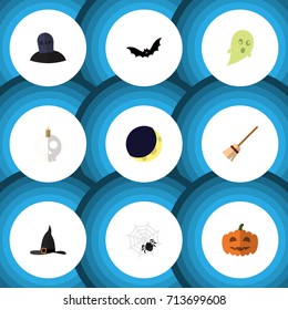 Flat Icon Halloween Set Of Spinner, Witch Cap, Cranium And Other Vector Objects. Also Includes Halloween, Skull, Midnight Elements.