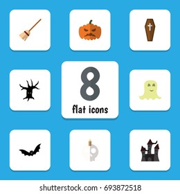 Flat Icon Halloween Set Of Spirit, Cranium, Pumpkin And Other Vector Objects. Also Includes Halloween, Pumpkin, Specter Elements.