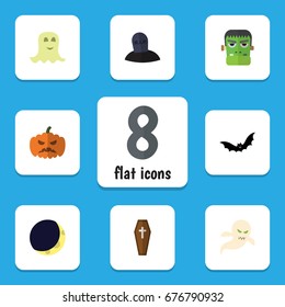 Flat Icon Halloween Set Of Superstition, Spirit, Pumpkin And Other Vector Objects. Also Includes Tomb, Midnight, Moon Elements.