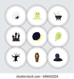 Flat Icon Halloween Set Of Terrible Halloween, Casket, Tomb And Other Vector Objects. Also Includes Cauldron, Terrible, Fortress Elements.