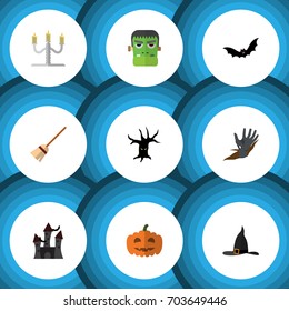 Flat Icon Halloween Set Of Terrible Halloween, Gourd, Zombie And Other Vector Objects. Also Includes Zombie, Monster, Tree Elements.