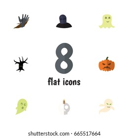 Flat Icon Halloween Set Of Tomb, Ghost, Spirit And Other Vector Objects. Also Includes Hand, Spirit, Specter Elements.