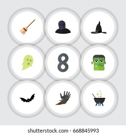 Flat Icon Halloween Set Of Tomb, Zombie, Superstition And Other Vector Objects. Also Includes Ghost, Witch, Wizard Elements.