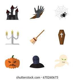 Flat Icon Halloween Set Of Tomb, Zombie, Pumpkin And Other Vector Objects. Also Includes Broom, Casket, Halloween Elements.