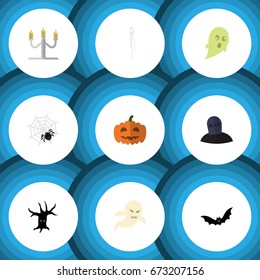 Flat Icon Halloween Set Of Tomb, Spinner, Skeleton And Other Vector Objects. Also Includes Bones, Halloween, Pumpkin Elements.