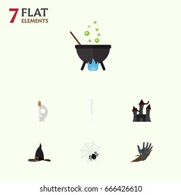 Flat Icon Halloween Set Of Witch Cap, Zombie, Fortress And Other Vector Objects. Also Includes Spider, Boiling, Magic Elements.