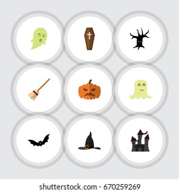 Flat Icon Halloween Set Of Witch Cap, Casket, Pumpkin And Other Vector Objects. Also Includes Broom, Casket, Bat Elements.