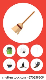 Flat Icon Halloween Set Of Witch Cap, Spinner, Magic And Other Vector Objects. Also Includes Witch, Bones, Cauldron Elements.