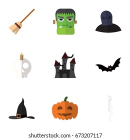 Flat Icon Halloween Set Of Witch Cap, Cranium, Gourd And Other Vector Objects. Also Includes Hat, Candle, Cranium Elements.