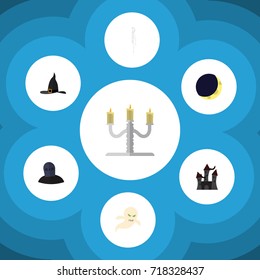 Flat Icon Halloween Set Of Witch Cap, Candlestick, Fortress Vector Objects. Also Includes Skeleton, Castle, Crescent Elements.