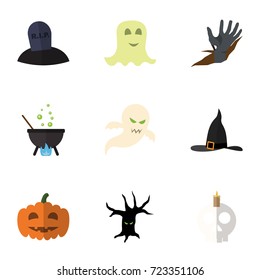 Flat Icon Halloween Set Of Witch Cap, Gourd, Tomb And Other Vector Objects. Also Includes Ghost, Candle, Skull Elements.