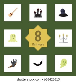 Flat Icon Halloween Set Of Zombie, Candlestick, Fortress Vector Objects. Also Includes Corpse, Grave, Creepy Elements.