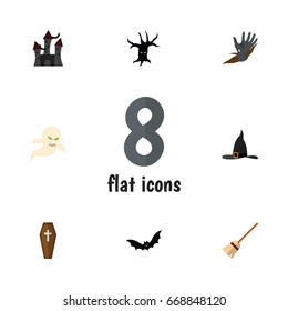 Flat Icon Halloween Set Of Zombie, Casket, Fortress And Other Vector Objects. Also Includes Monster, Terrible, Hand Elements.