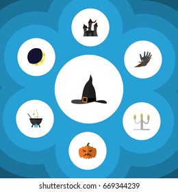 Flat Icon Halloween Set Of Zombie, Magic, Pumpkin And Other Vector Objects. Also Includes Wizard, Midnight, Moon Elements.