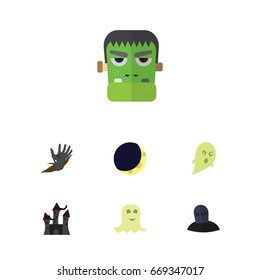 Flat Icon Halloween Set Of Zombie, Tomb, Crescent And Other Vector Objects. Also Includes Grave, Tomb, Ghost Elements.