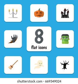 Flat Icon Halloween Set Of Zombie, Ghost, Fortress And Other Vector Objects. Also Includes Fortress, Candlestick, Broomstick Elements.