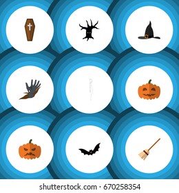 Flat Icon Halloween Set Of Zombie, Skeleton, Terrible Halloween And Other Vector Objects. Also Includes Creepy, Hat, Skeleton Elements.