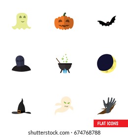 Flat Icon Halloween Set Of Zombie, Ghost, Superstition And Other Vector Objects. Also Includes Bat, Corpse, Hand Elements.