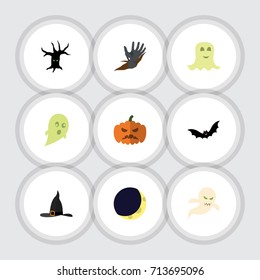 Flat Icon Halloween Set Of Zombie, Pumpkin, Witch Cap And Other Vector Objects. Also Includes Creepy, Bat, Phantom Elements.