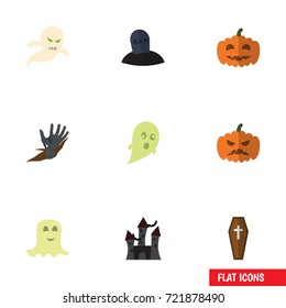 Flat Icon Halloween Set Of Zombie, Ghost, Fortress And Other Vector Objects. Also Includes Grave, Ghost, Spirit Elements.