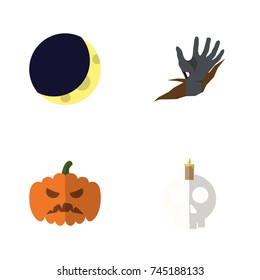 Flat Icon Halloween Set Of Zombie, Crescent, Pumpkin And Other Vector Objects. Also Includes Zombie, Midnight, Skull Elements.