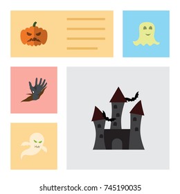 Flat Icon Halloween Set Of Zombie, Pumpkin, Ghost And Other Vector Objects. Also Includes Pumpkin, Hand, Zombie Elements.