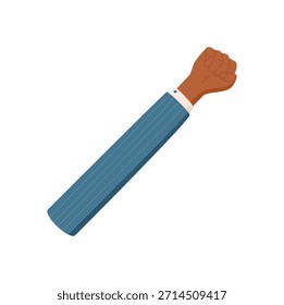 Flaches Symbol einer Handbewegung mit der Nummer fünf. Braune Hand mit erhobenen Fingern drückt das Signal der geschlossenen Faustzählung aus. Arm mit bekleidetem Handgelenk in blauem Ärmel vermittelt professionellen Stil. Einfach und klar