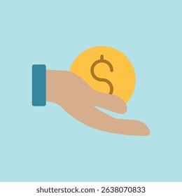 Flat icon of hand giving coin and dollar, perfect for charity, donation, NGO, and giving-related visuals.