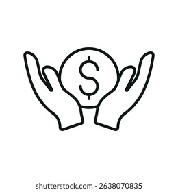 Flat icon of hand giving coin and dollar, perfect for charity, donation, NGO, and giving-related visuals.